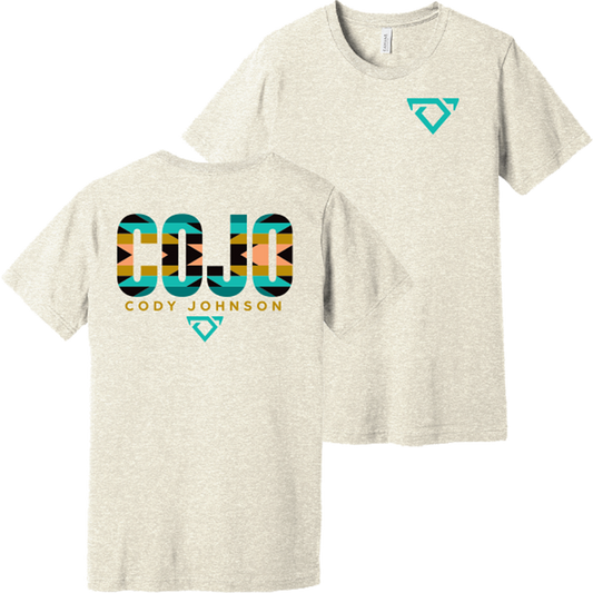 tee-off white heather-front teal cojo logo-back teal and gold COJO