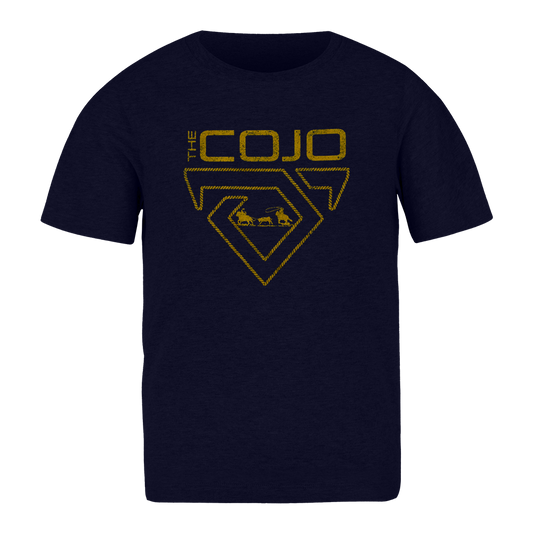 youth tee-navy-cojo logo cowboys roping cows in center