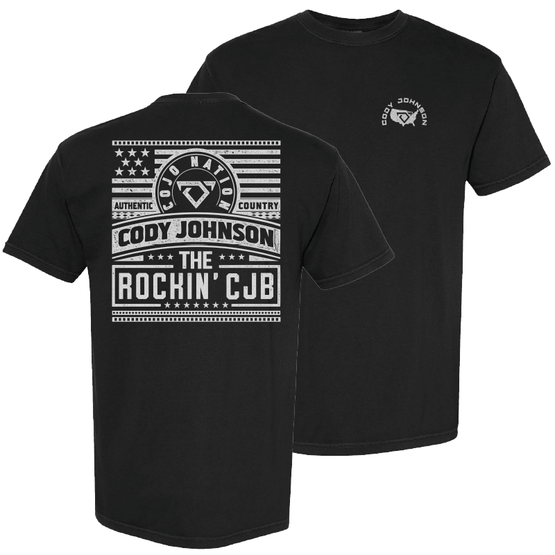 tee-black-front cojo logo in USA-back cojo logo flag the rockin CJB authentic country