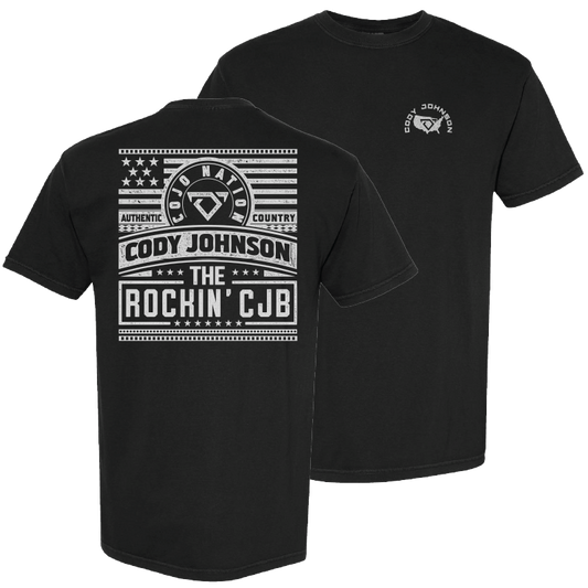 tee-black-front cojo logo in USA-back cojo logo flag the rockin CJB authentic country